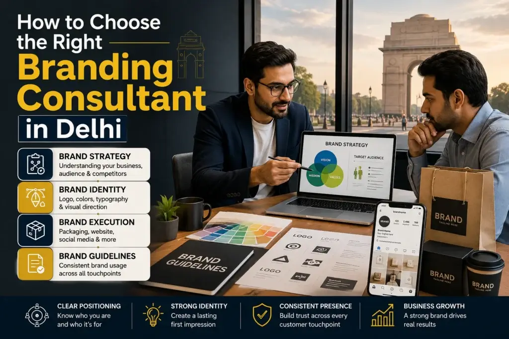 Branding consultant in Delhi helping a business develop brand strategy, visual identity, packaging, and consistent branding.