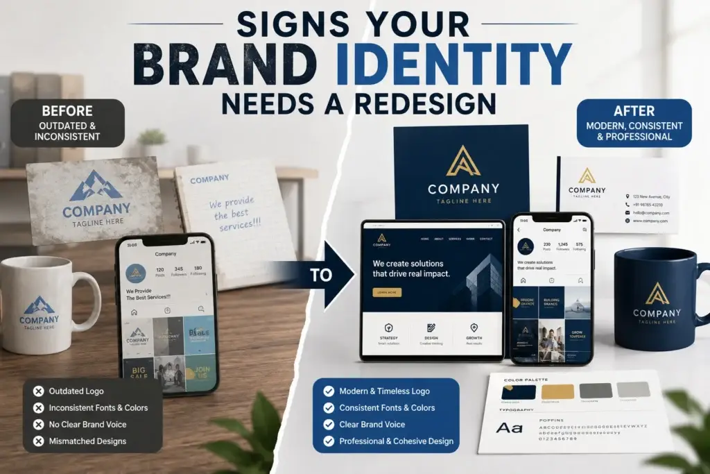 Signs your brand identity needs a redesign, showing outdated branding compared with a modern and consistent brand identity.