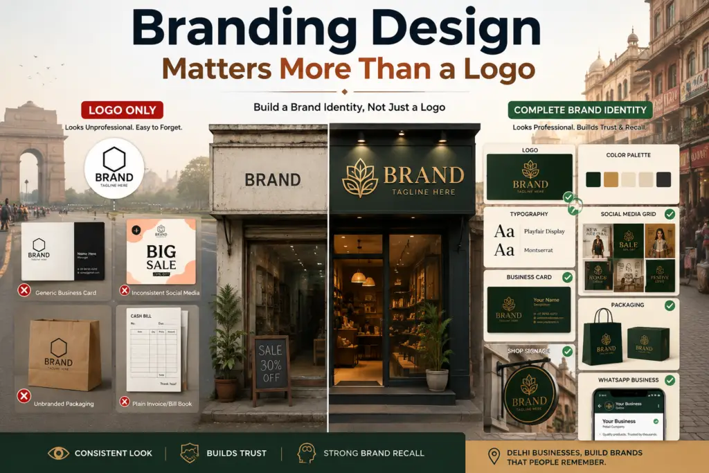 Branding design matters more than a logo for Delhi businesses, showing the difference between logo-only branding and a complete brand identity.
