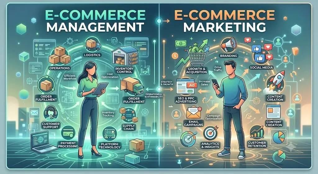 E-commerce management and marketing comparison showing operations, inventory, logistics, order fulfillment, SEO, PPC, social media, content creation, and customer retention.