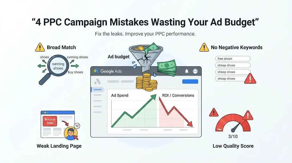 PPC campaign mistakes wasting Google Ads budget, including broad match, no negative keywords, weak landing page, and low Quality Score