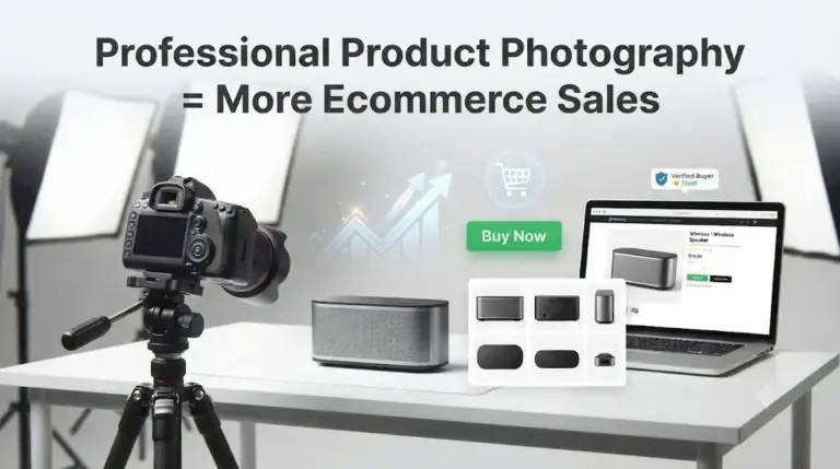 Professional product photography setup showing a camera, studio lighting, ecommerce product images, and online sales