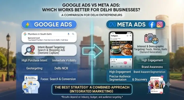 Google Ads vs Meta Ads for Delhi businesses, comparing search intent, audience targeting, brand awareness, and conversions.