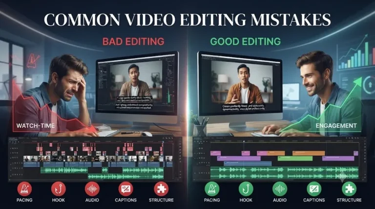 Common video editing mistakes affecting pacing, hooks, audio, captions, and video engagement