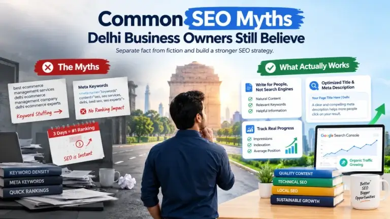 Common SEO myths for Delhi business owners compared with modern SEO practices, including keyword stuffing, meta keywords, natural content, and SEO growth.