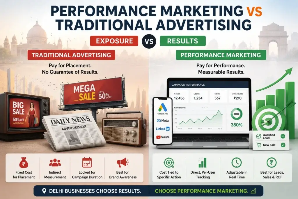 Performance marketing vs traditional advertising comparison showing exposure-based advertising versus measurable results, ROI, leads, and real-time campaign tracking.