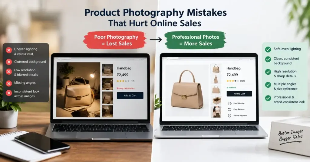 Product photography mistakes showing poor lighting and inconsistent backgrounds versus professional ecommerce product photos