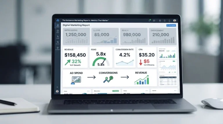 Performance marketing reports dashboard showing ROAS, CPA, conversion rate and revenue