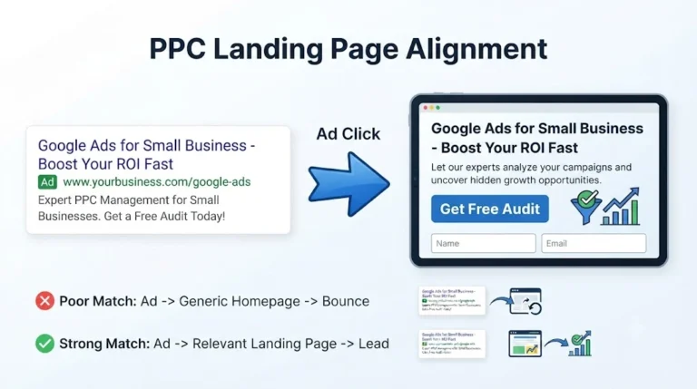 PPC landing page alignment showing a Google Ads click leading to a relevant landing page and lead conversion