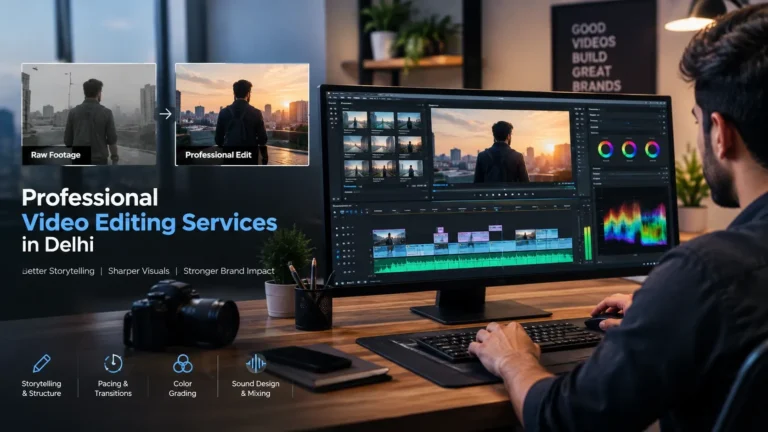 Professional video editor working on brand content with video editing, color grading, and sound design tools