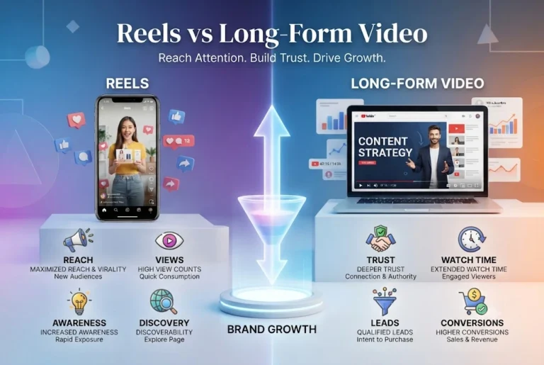 Reels vs long-form video showing how short-form content drives reach and long-form video builds trust and conversions