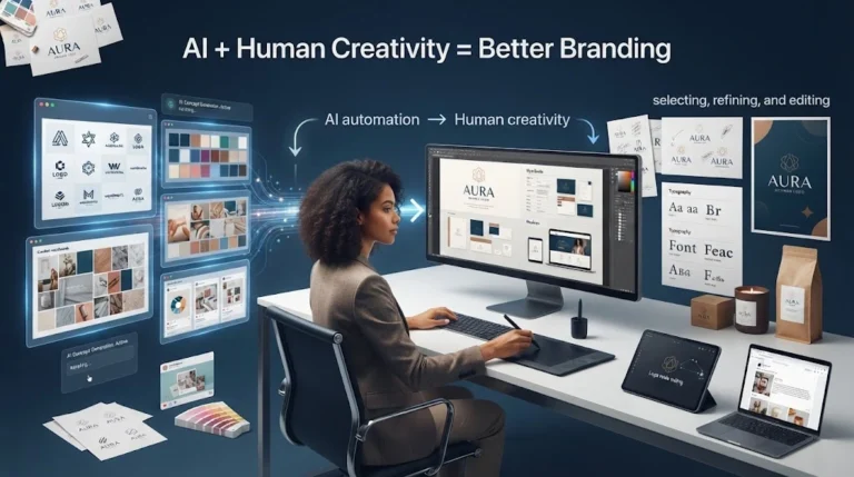 AI design tools and human designer creating a brand identity with logos, colours, and typography