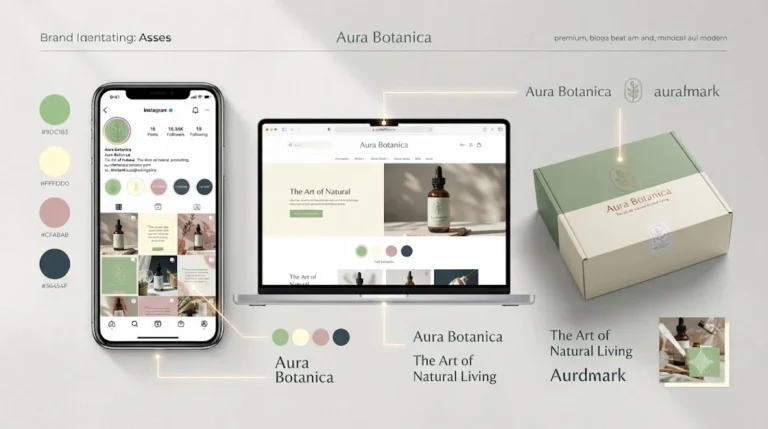 Brand style guide showing consistent Instagram, website and packaging design