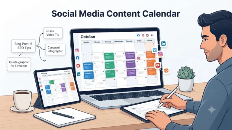 Social media content calendar with content ideas and posting schedule